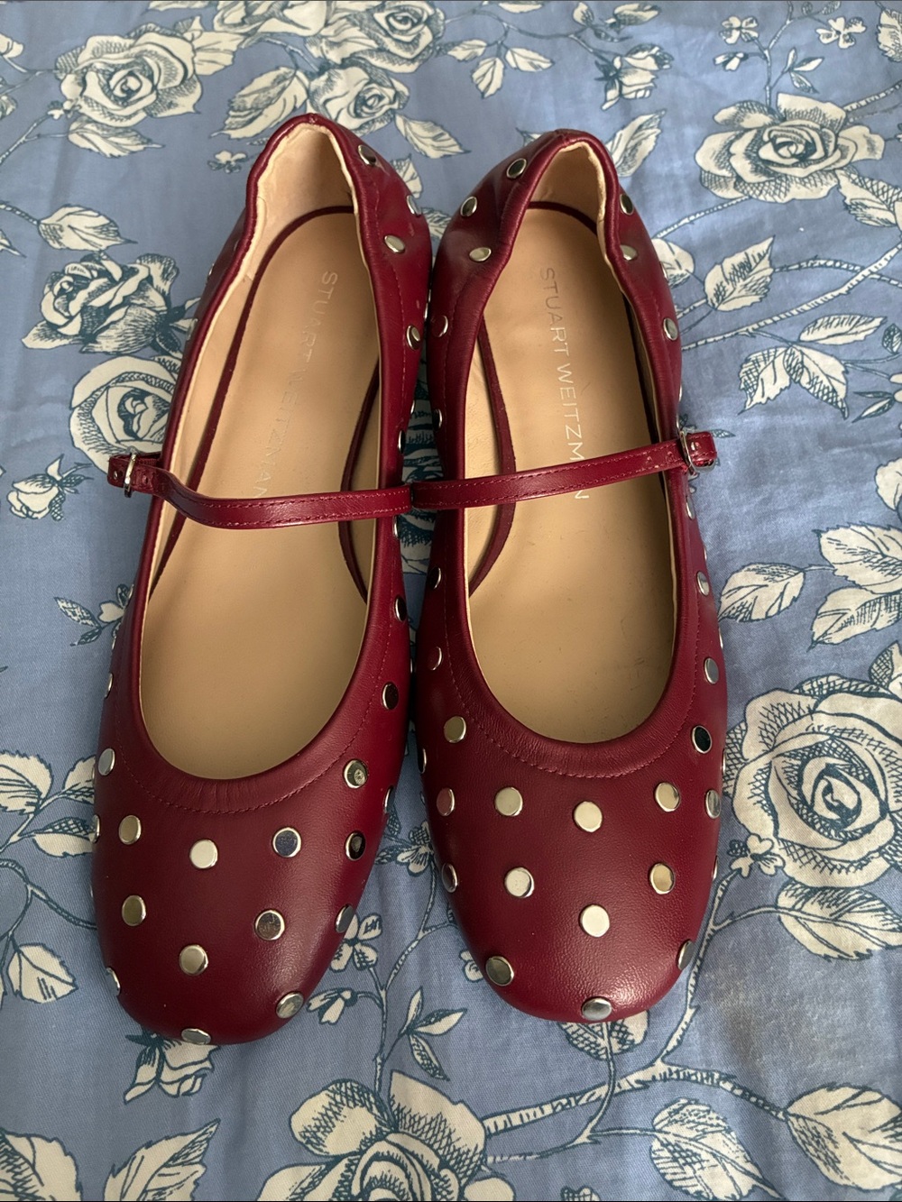 Stuart Weitzman Cherry Red Polka Dot Mary Jane Flats with Silver Studs